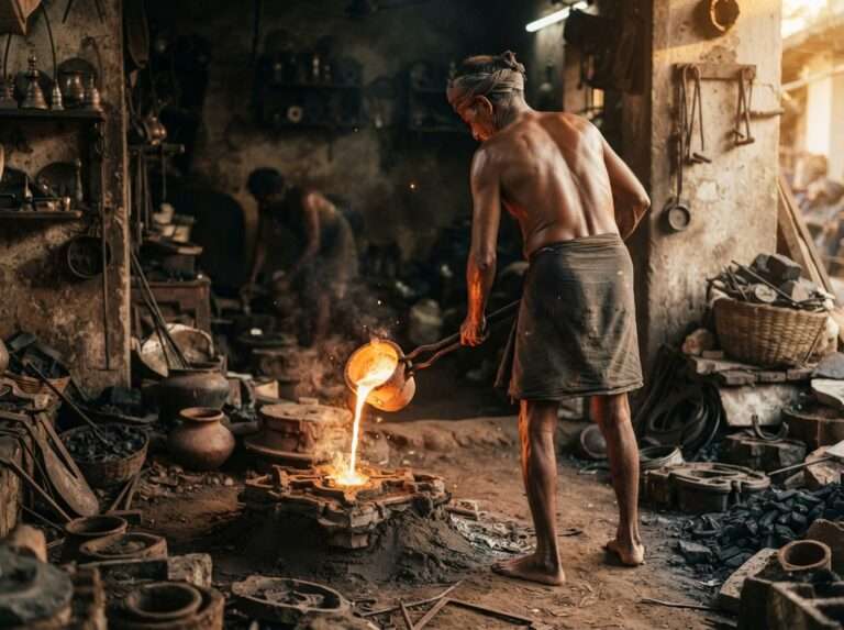 Artisan casting bell metal in a Mannar workshop, Kerala