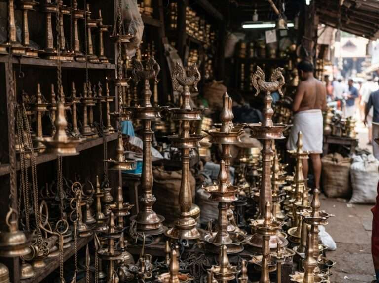 Bell-metal Nilavilakku lamps in a Guruvayur temple-street shop, Kerala