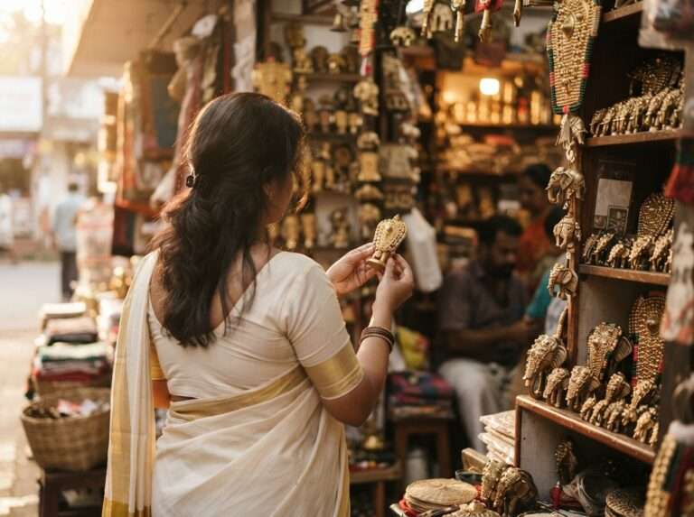 Shopper choosing a souvenir Nettipattam in Guruvayur, Kerala