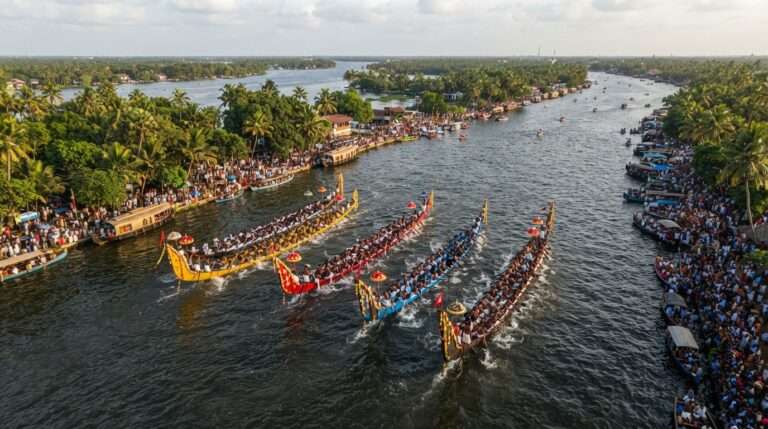 Snake boats racing in the Nehru Trophy Boat Race, Alappuzha, Kerala