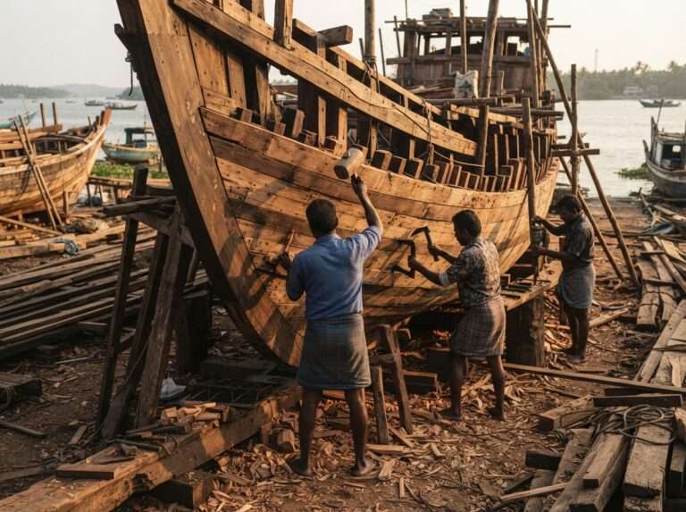 Shipwrights building a wooden Uru at Beypore, Kerala