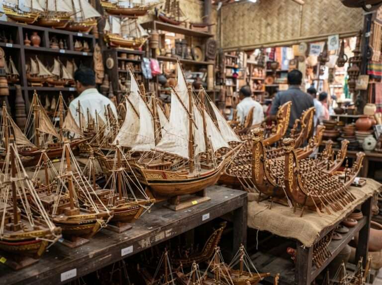 Teak Uru ship and snake-boat models in a Kerala emporium