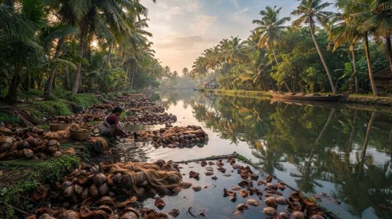 Coconut husks soaking in an Alappuzha backwater canal, Kerala
