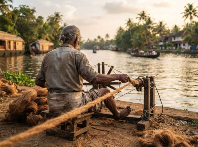 Worker spinning coir yarn beside the Alappuzha backwaters, Kerala