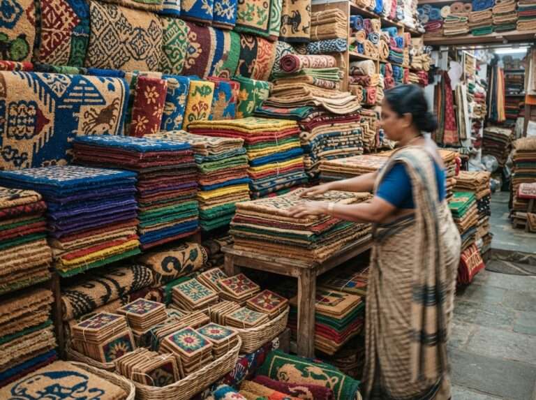 Handloom coir doormats and rugs in an Alappuzha showroom, Kerala