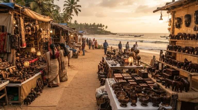 Coconut-shell and rosewood craft stalls on Kovalam beach road, Kerala