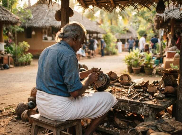 Artisan carving a coconut shell at Kerala Arts and Crafts Village, Vellar