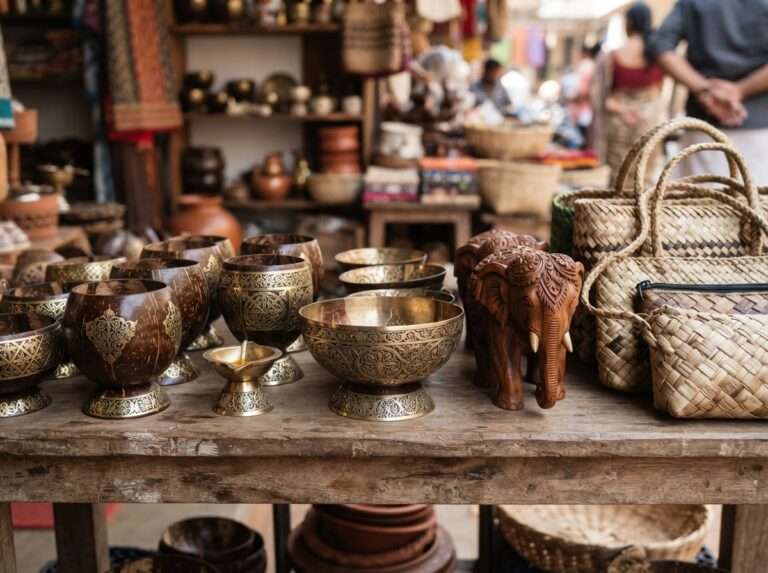 Brass-inlaid coconut-shell crafts, rosewood elephants and screwpine bags, Kerala
