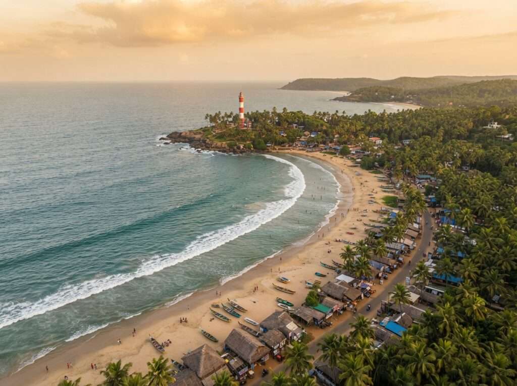 Kovalam coastline with coconut palms and beach road stalls, Kerala