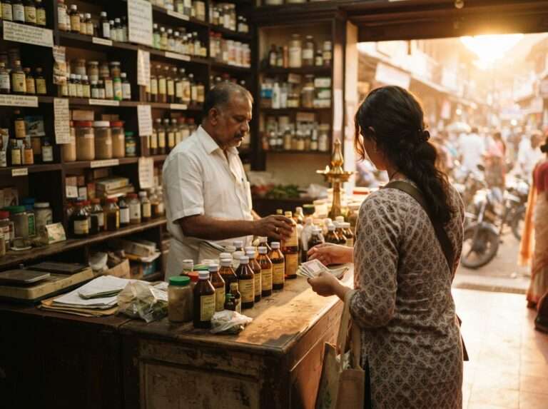 Shopper trying a gold necklace at a Thrissur jewellery showroom, Kerala