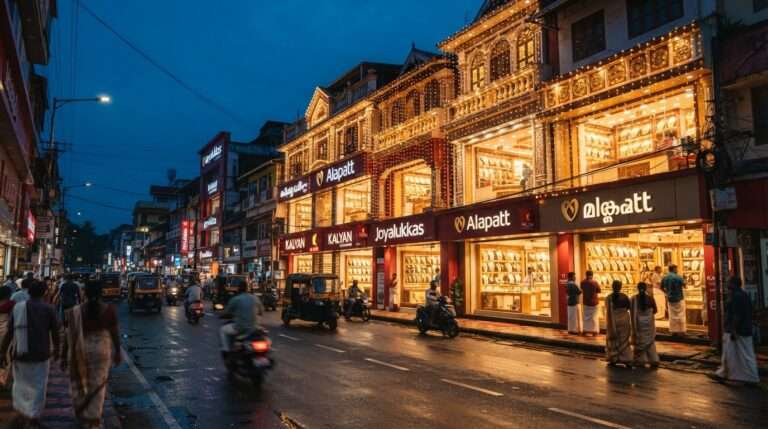Gold jewellery showrooms on a Thrissur street at blue hour, Kerala
