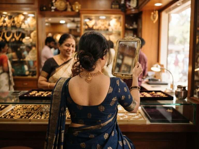Shopper trying a gold necklace at a Thrissur jewellery showroom, Kerala