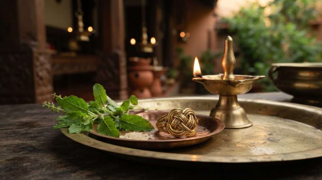 Pavithra ring beside a lit brass oil lamp, Kerala