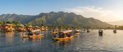 Shikaras on Dal Lake in Srinagar on a clear summer day, Kashmir