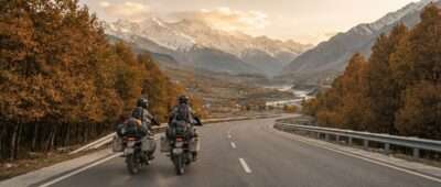 Two Royal Enfield riders from behind on NH44 entering the Kashmir valley, end of the Kanyakumari to Kashmir road trip