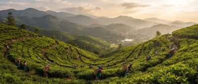 Terraced tea gardens of Sri Lanka's central highlands near Nuwara Eliya at golden hour.
