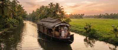Houseboat on the Alleppey backwaters at sunset, one of the best honeymoon places in Kerala.
