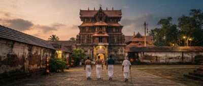 Vaikom Mahadeva Temple gopuram and outer walls at golden hour, Vaikom, Kottayam, Kerala