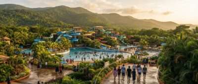 Water theme park in Kerala with colourful slides, a wave pool and coconut palms near Athirappilly, Thrissur