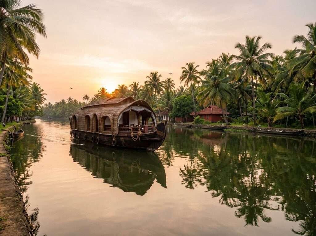 Kettuvallam houseboat cruising the Kuttanad canals near Punnamada Lake, Alleppey, in winter Note: confirmed: Alleppey houseboat, Punnamada and Kuttanad named