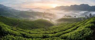 Winter in Kerala: misty sunrise over the tea estates of Munnar in the Kannan Devan hills