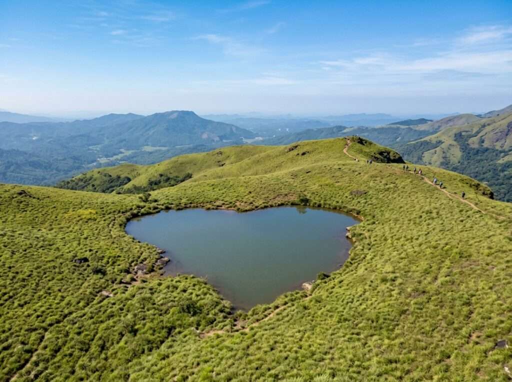 Alt: Heart-shaped lake on the Chembra Peak trail in Wayanad, Kerala, on a clear winter morning Note: confirmed: Chembra heart-shaped lake named (trail runs to the lake only)